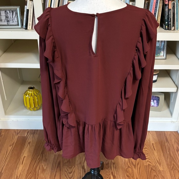 Ann Taylor Burgundy Ruffle Long Sleeve Peplum Blouse Large Romantic Boho Cottage - Picture 3 of 9